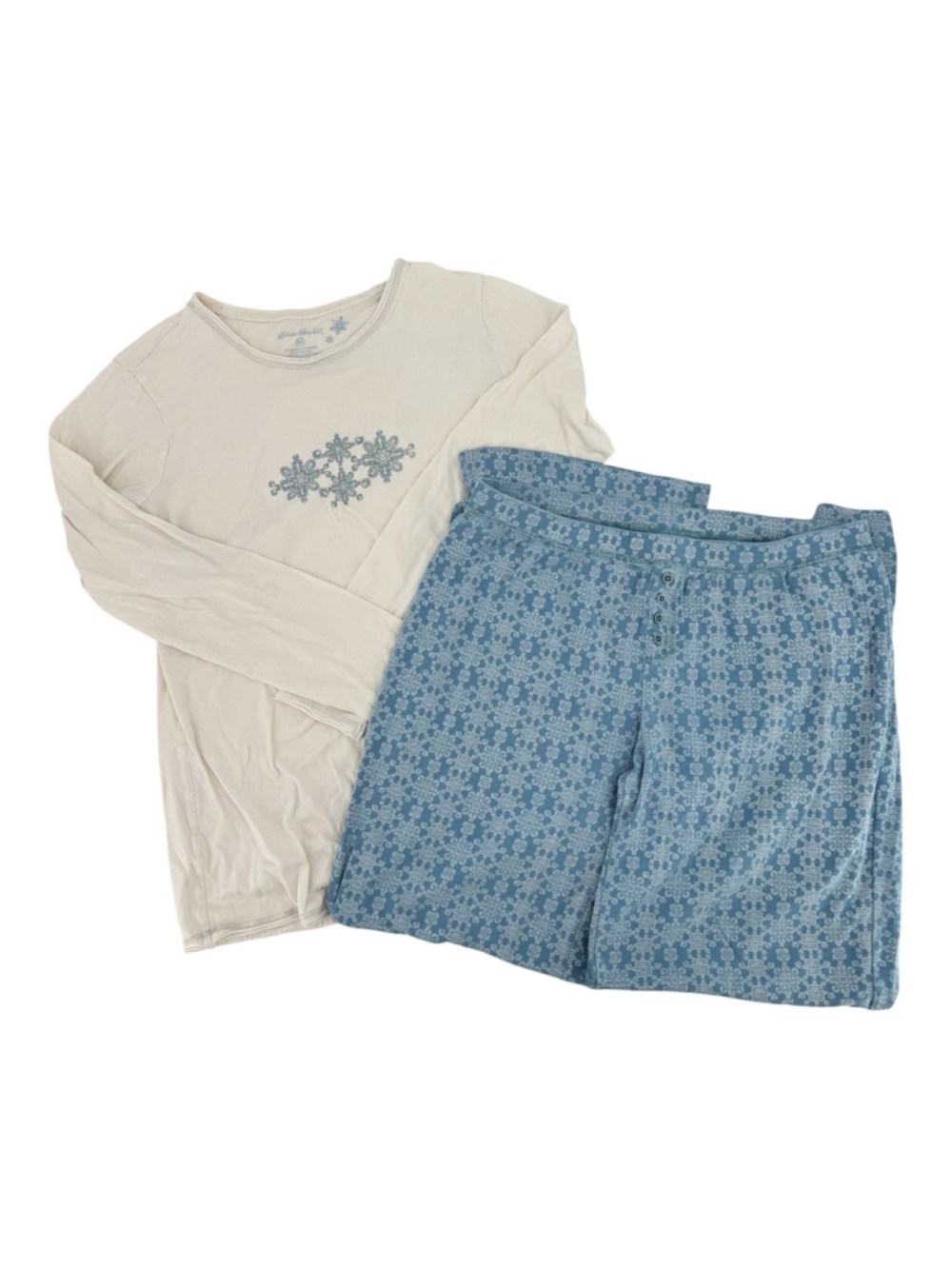Eddie Bauer Pajama Set Blue Cream Straight Leg Pants Long Sleeve Top Medium